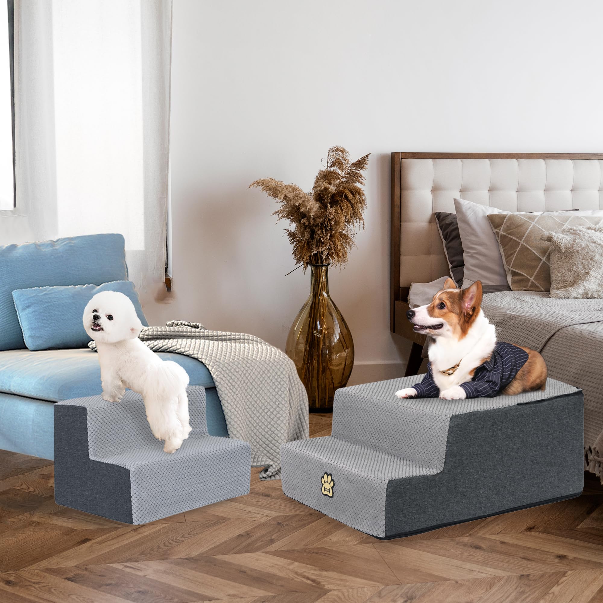OYLZ Dog Stairs gray-finish: blends with furniture while providing stable footing.