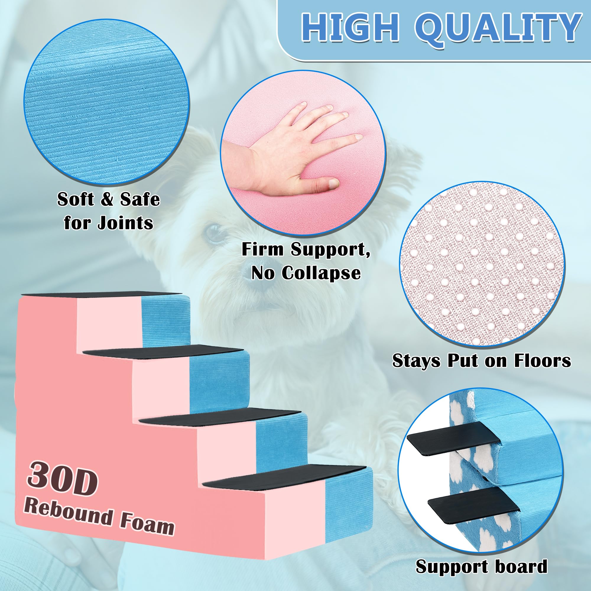 OYLZ Pet Stairs blue 4-step close up foam highlights supportive core