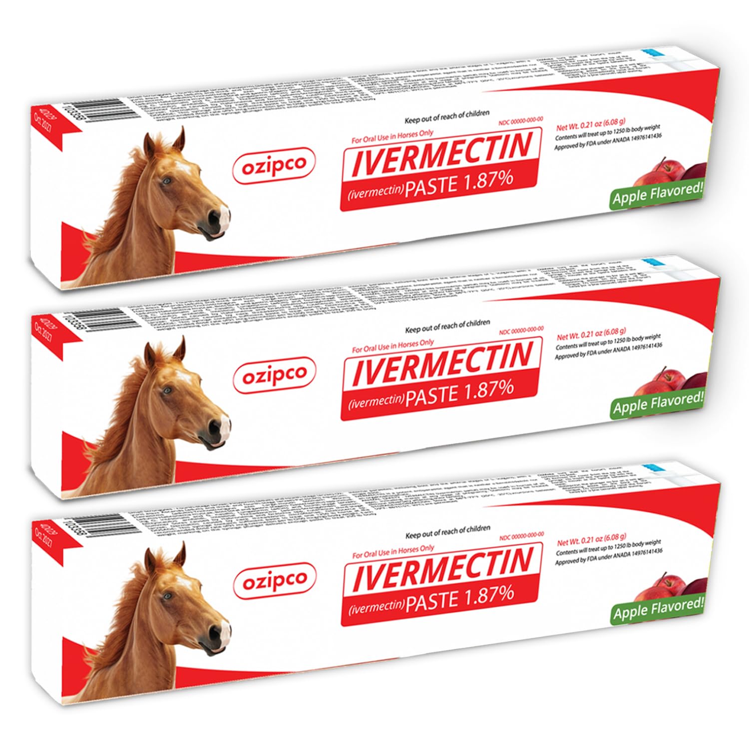 OZIPCO Ivermectin 1.87% horse paste apple-flavor 6.08g tube offers easy weight-based dosing.