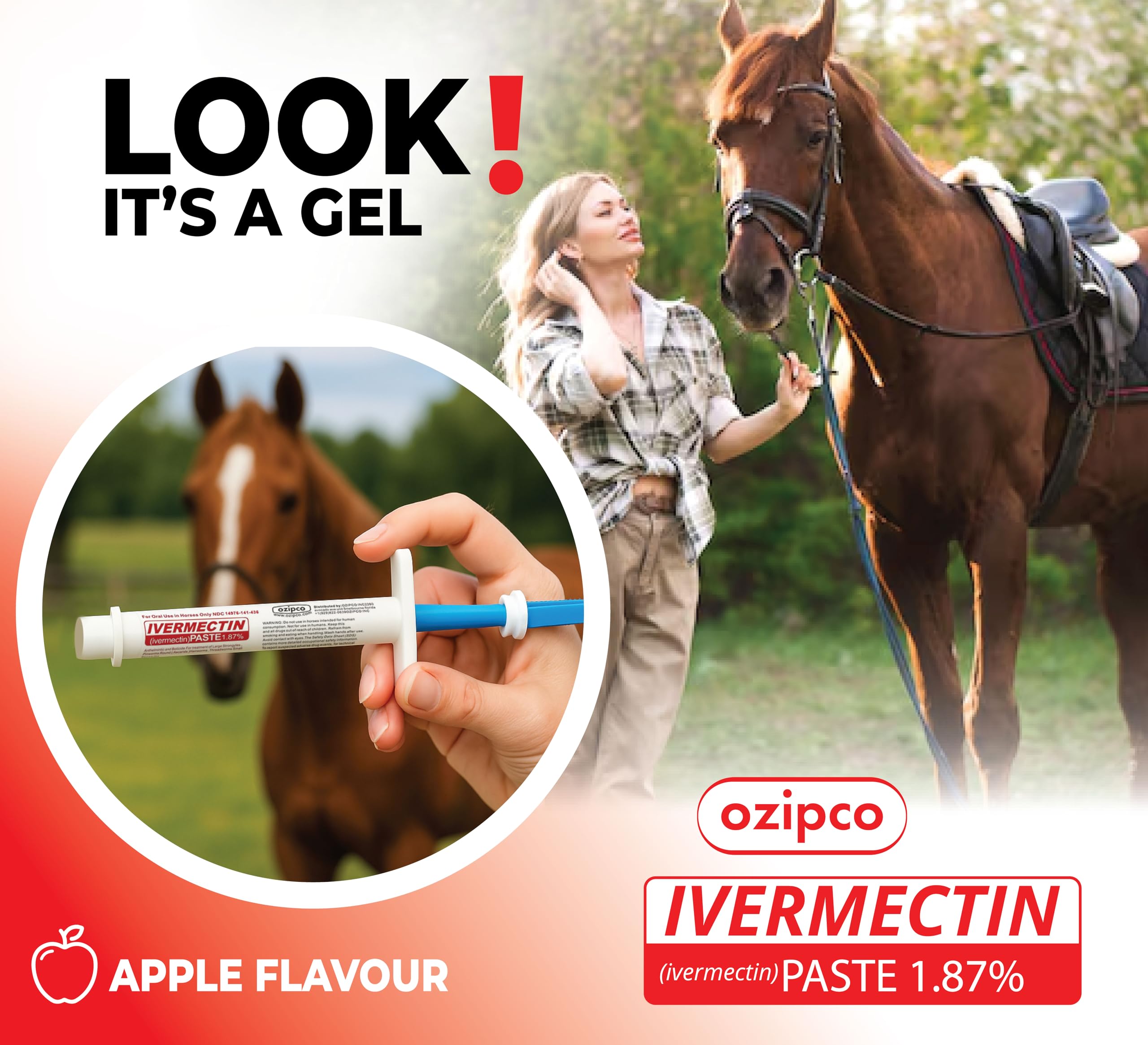 Horse accepting apple-flavored OZIPCO paste during administration.