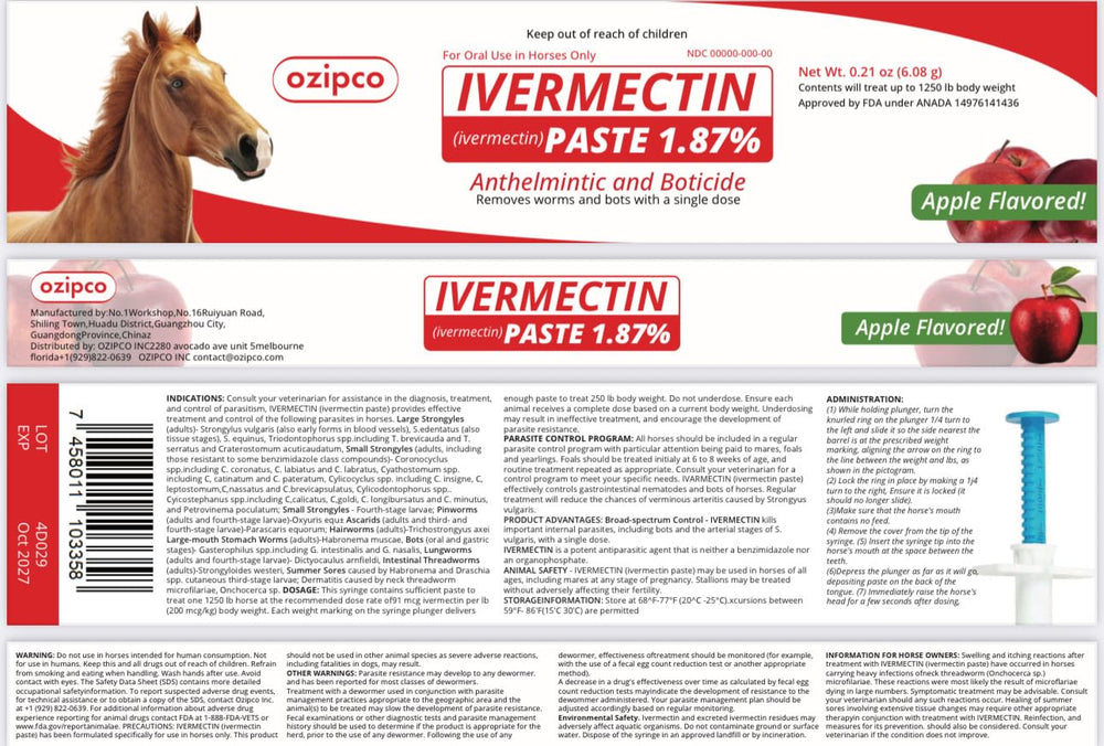 OZIPCO ivermectin paste used in routine stable care.
