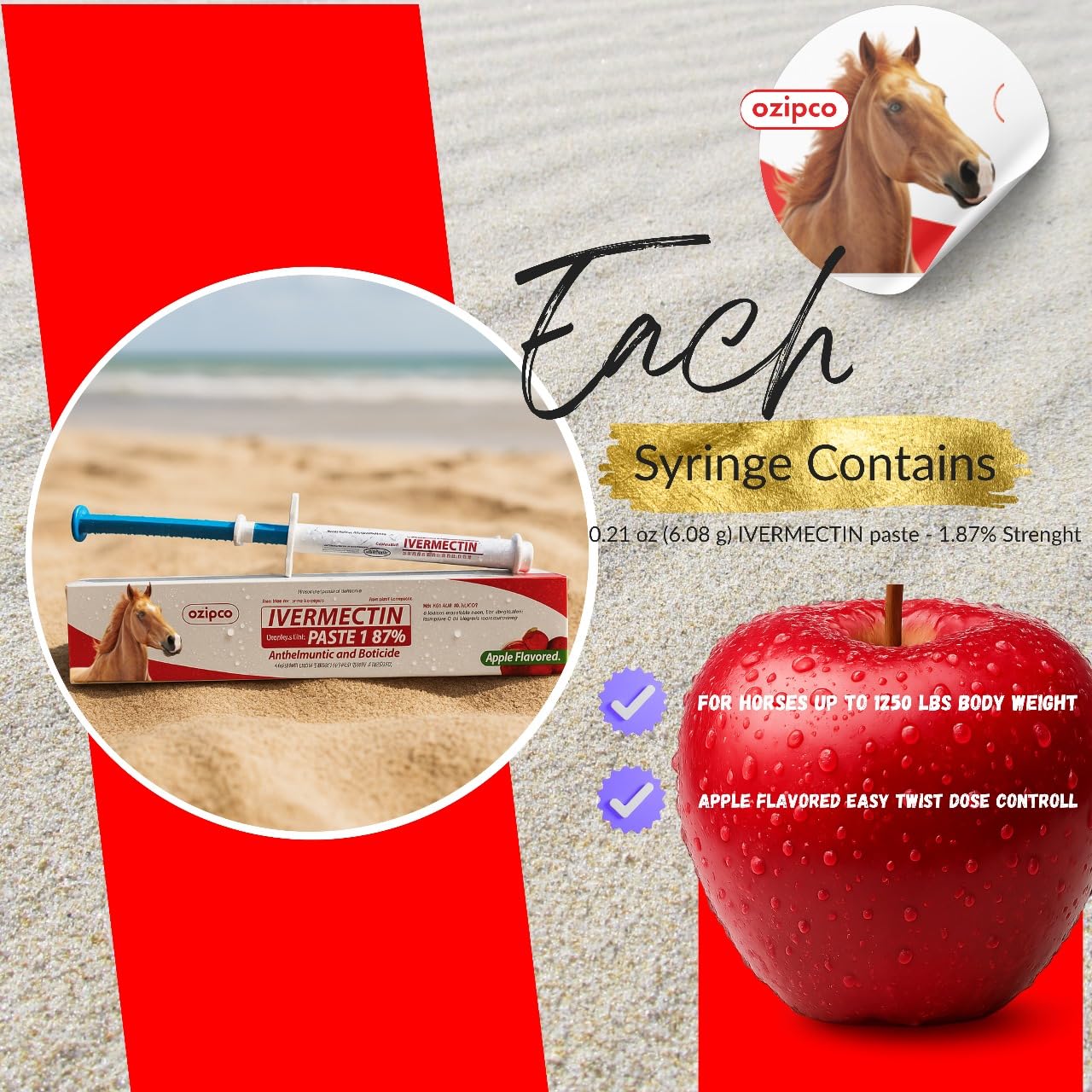 OZIPCO Ivermectin apple-flavor paste pack-of-3 demonstrates convenient multi-tube purchases.