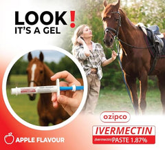 OZIPCO ivermectin apple-flavor tube in use for dose administration to a horse.