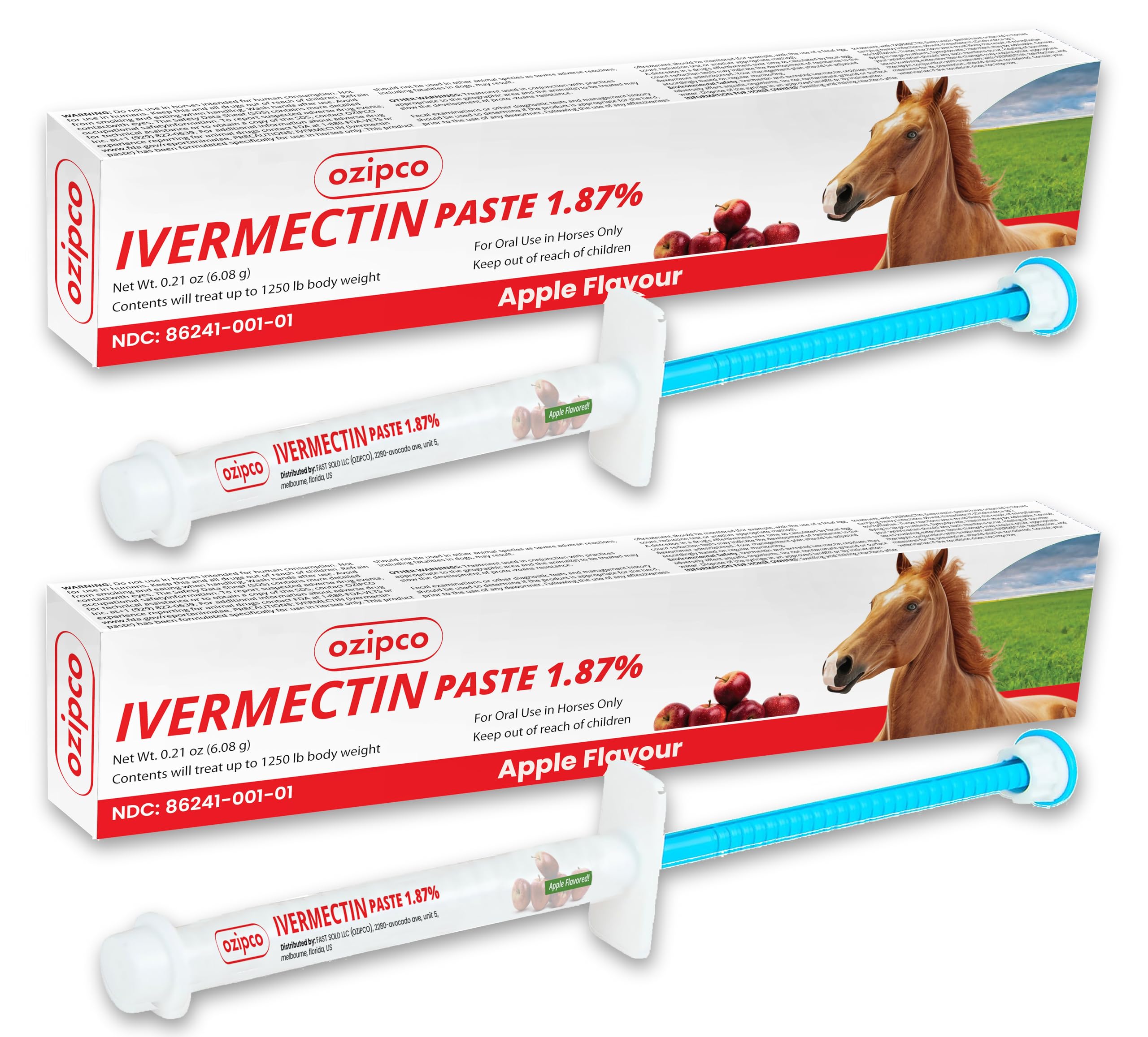 OZIPCO ivermectin apple-flavor tube front view highlights easy weight-based dosing.