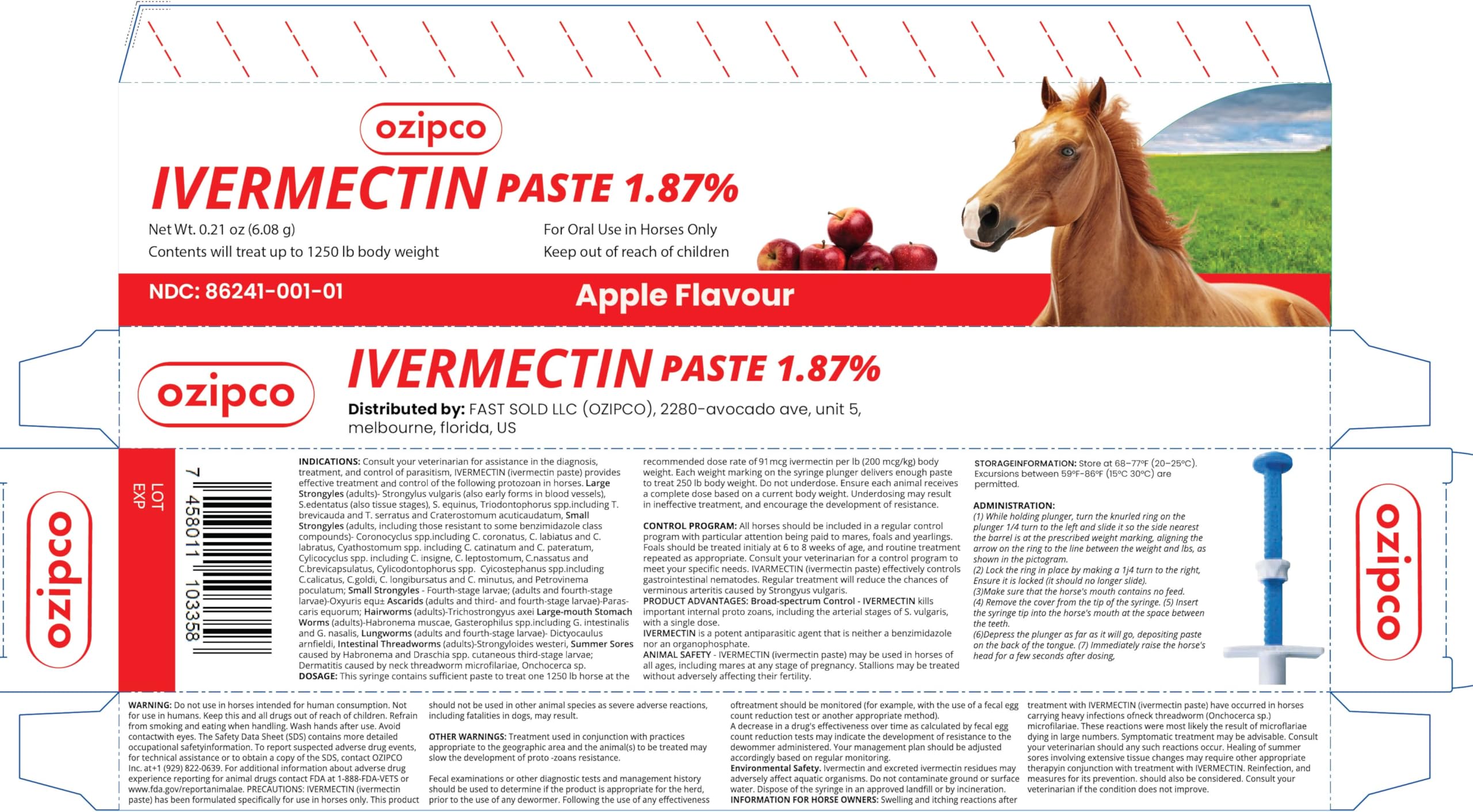 OZIPCO ivermectin horse paste suitable for foals and adults.