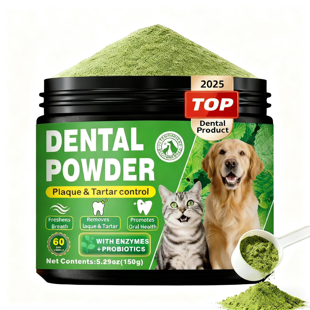 OZOXOO dog dental powder packaging shows 60-day supply for all breeds.