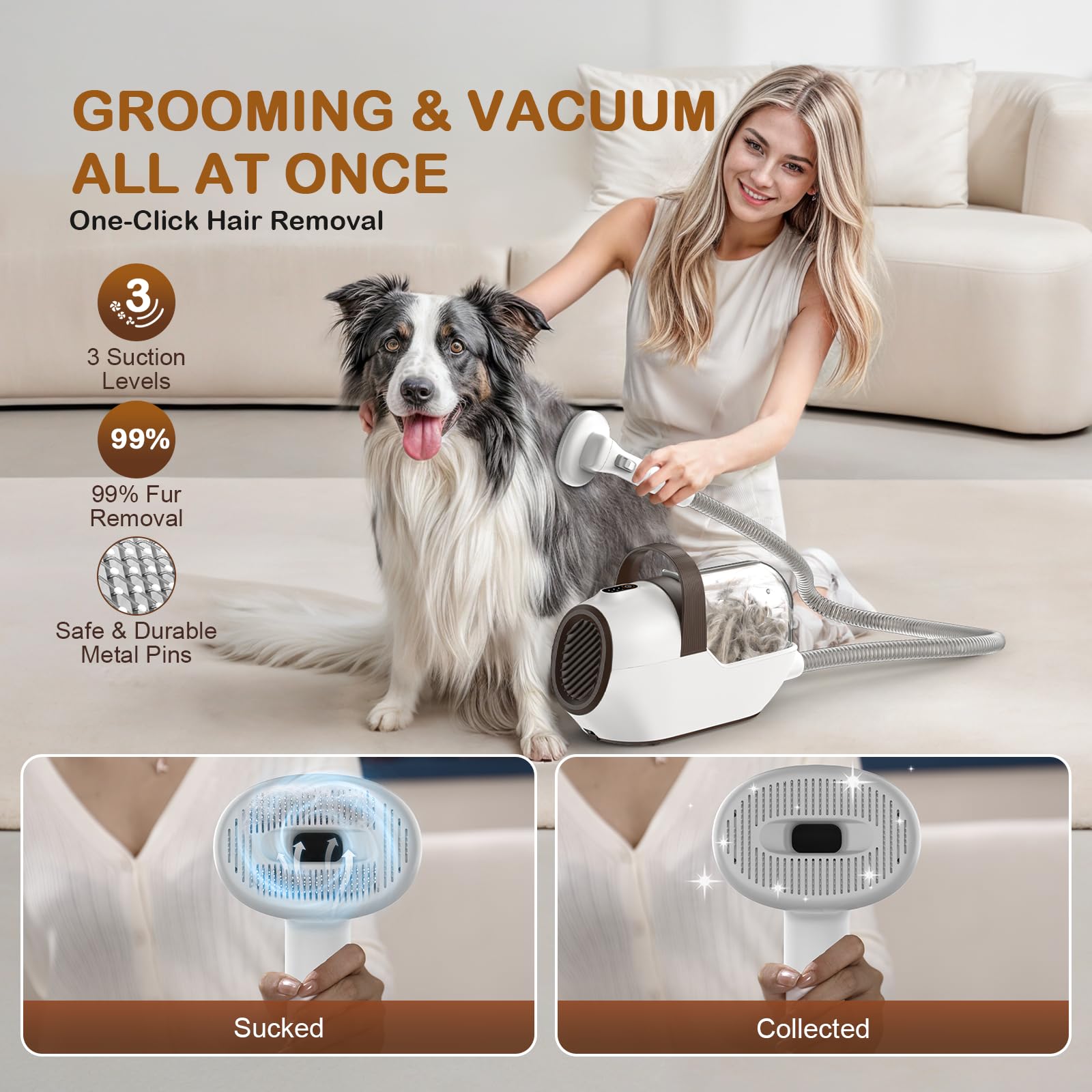 Ozumek vacuum and safety brush demonstrates gentle skin-friendly pins for calm grooming sessions.