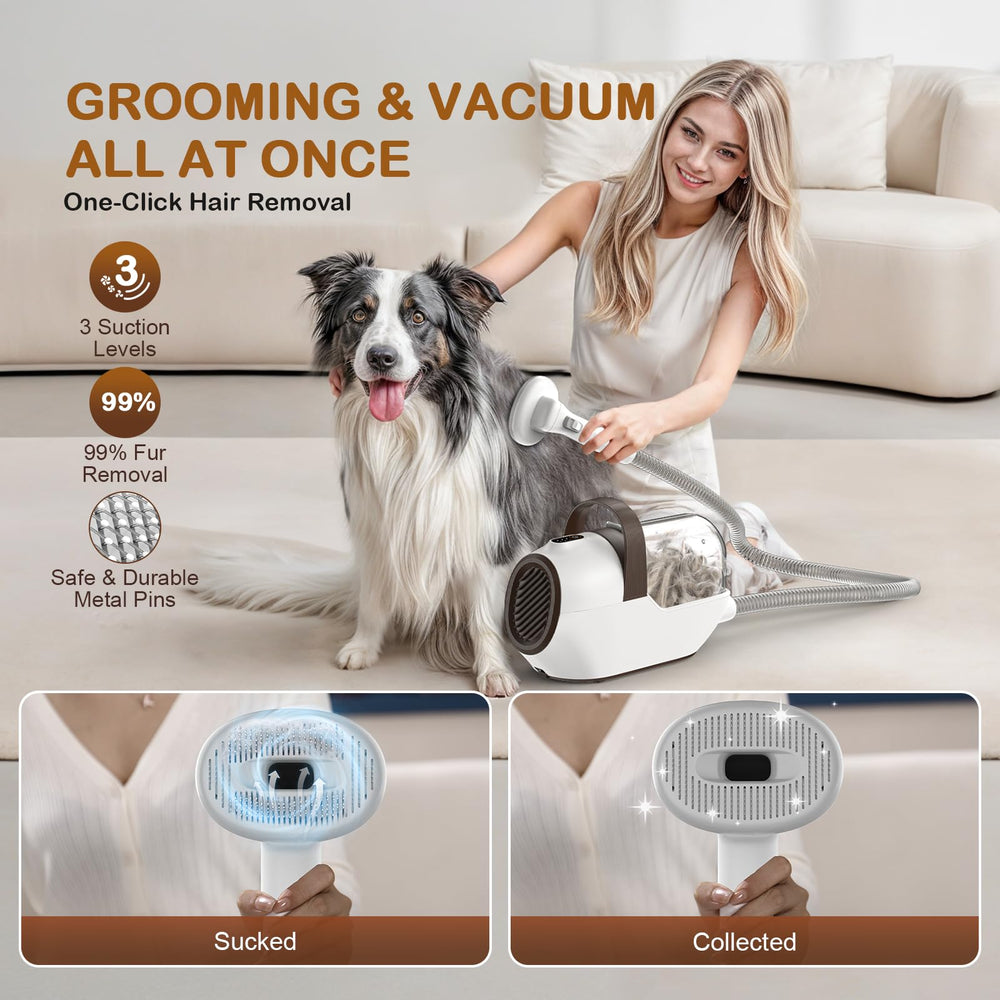 Ozumek vacuum and safety brush demonstrates gentle skin-friendly pins for calm grooming sessions.