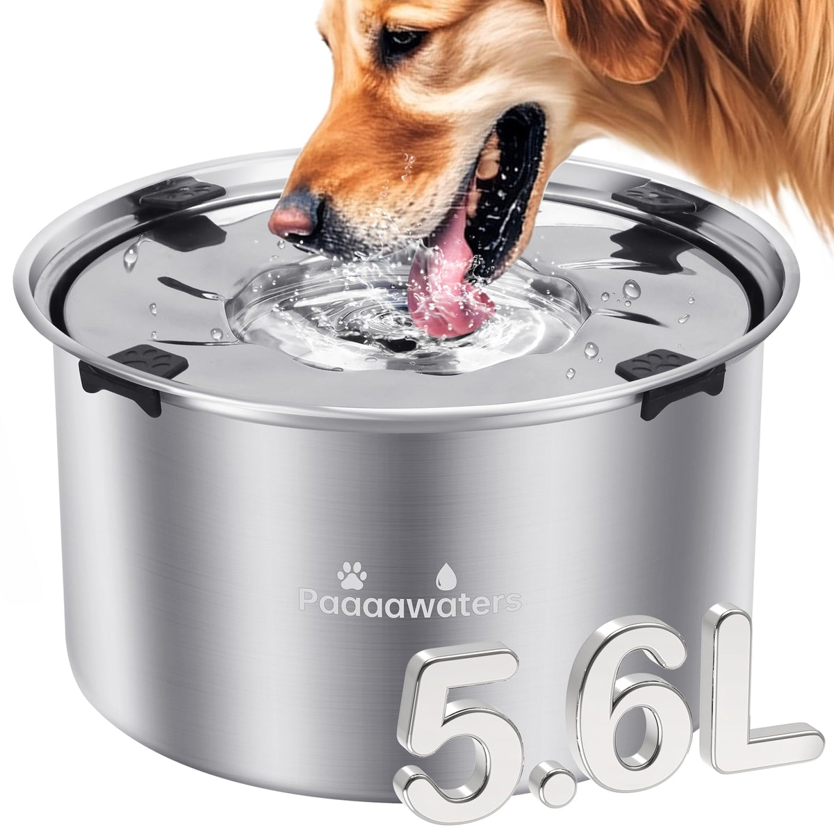 Paaaawaters large-capacity dog water bowl showing 5.6L capacity for large breeds