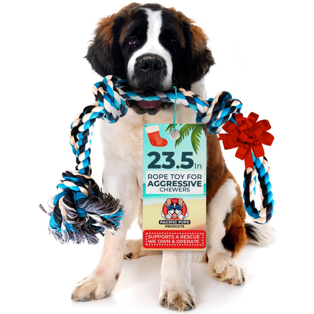 Pacific Pups Products large dog rope toy close-up knot shows strong-chewer compatibility.