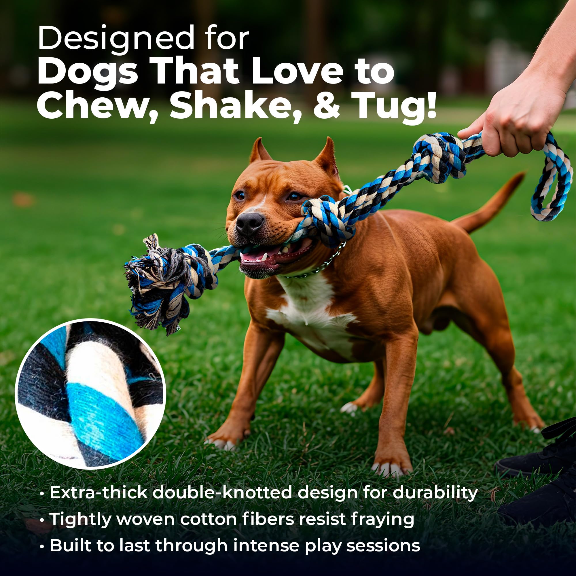 Pacific Pups Products large dog rope toy includes poop bags for convenient walks after play.