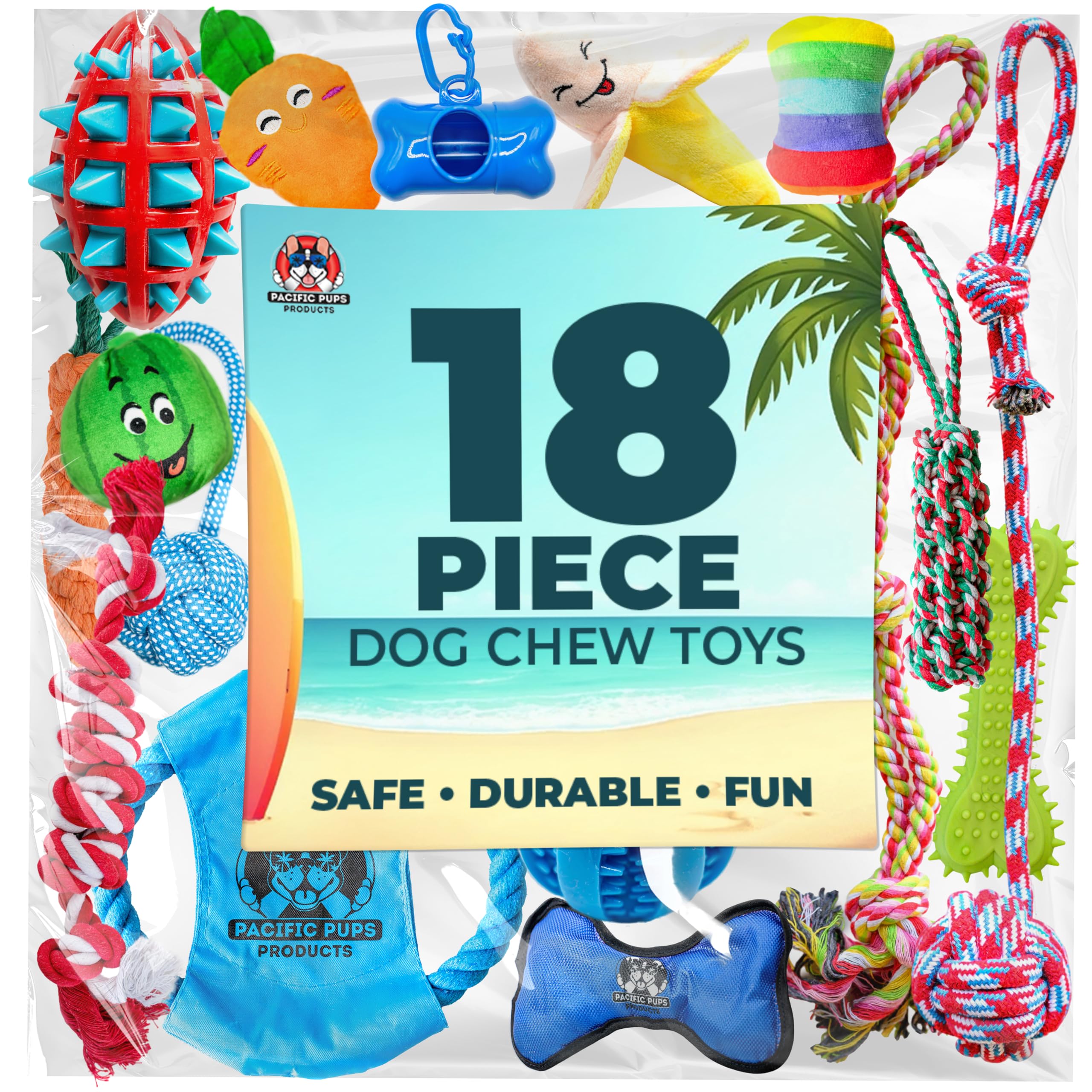 Pacific Pups rope and rubber toys support chewing needs and tug-of-war fun