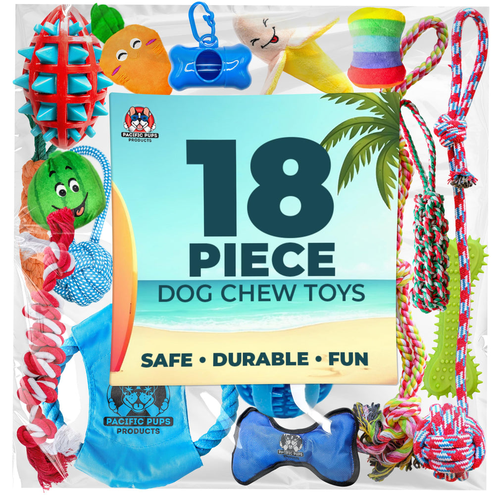 Pacific Pups rope and rubber toys support chewing needs and tug-of-war fun