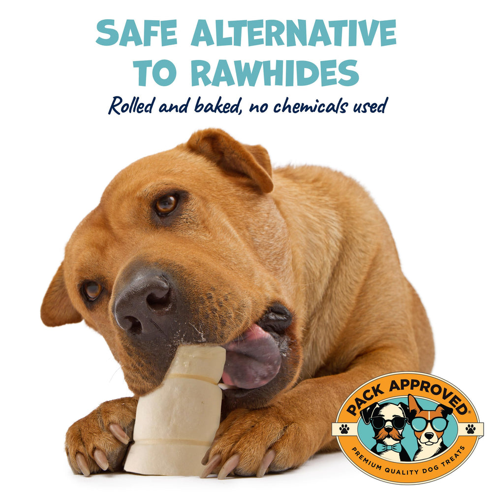 Pack Approved 5-6 inch beef cheek rolls, ideal for medium dogs.
