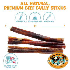 Pack Approved beef bully sticks 6in training rewards for medium dogs.