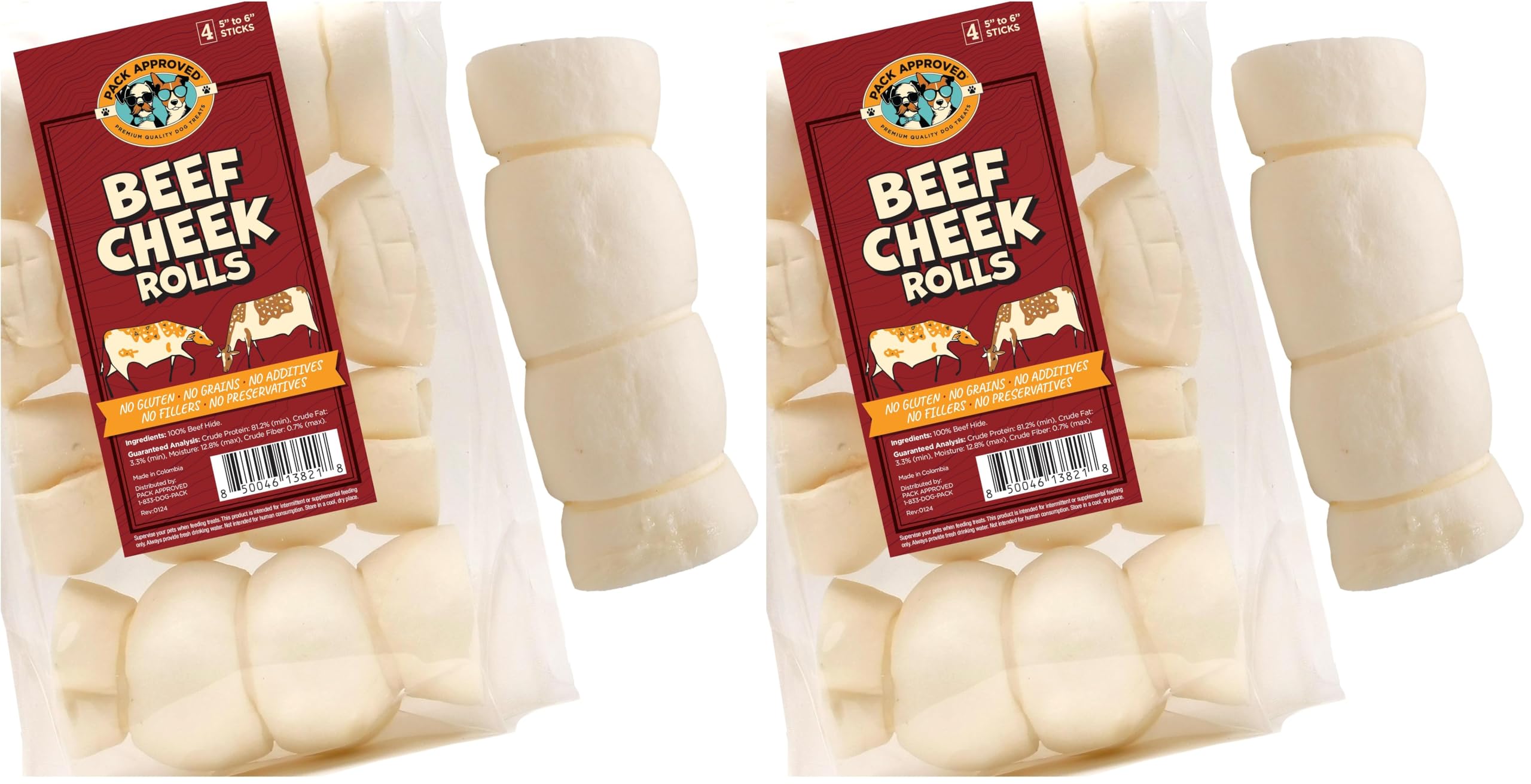 Pack Approved beef cheek rolls for dogs, medium chews for dental care and entertainment.