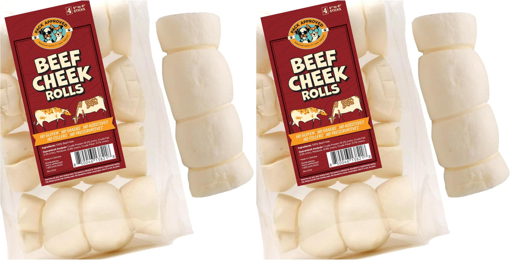 Pack Approved beef cheek rolls for dogs, medium chews for dental care and entertainment.