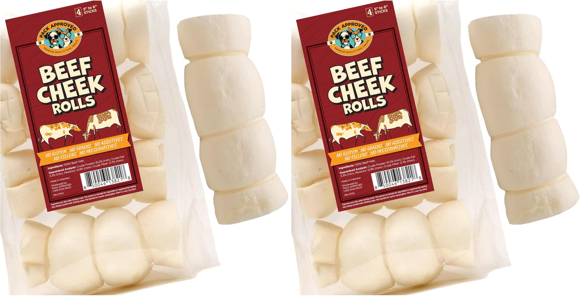 Pack Approved beef cheek rolls for dogs, medium chews for dental care and entertainment.