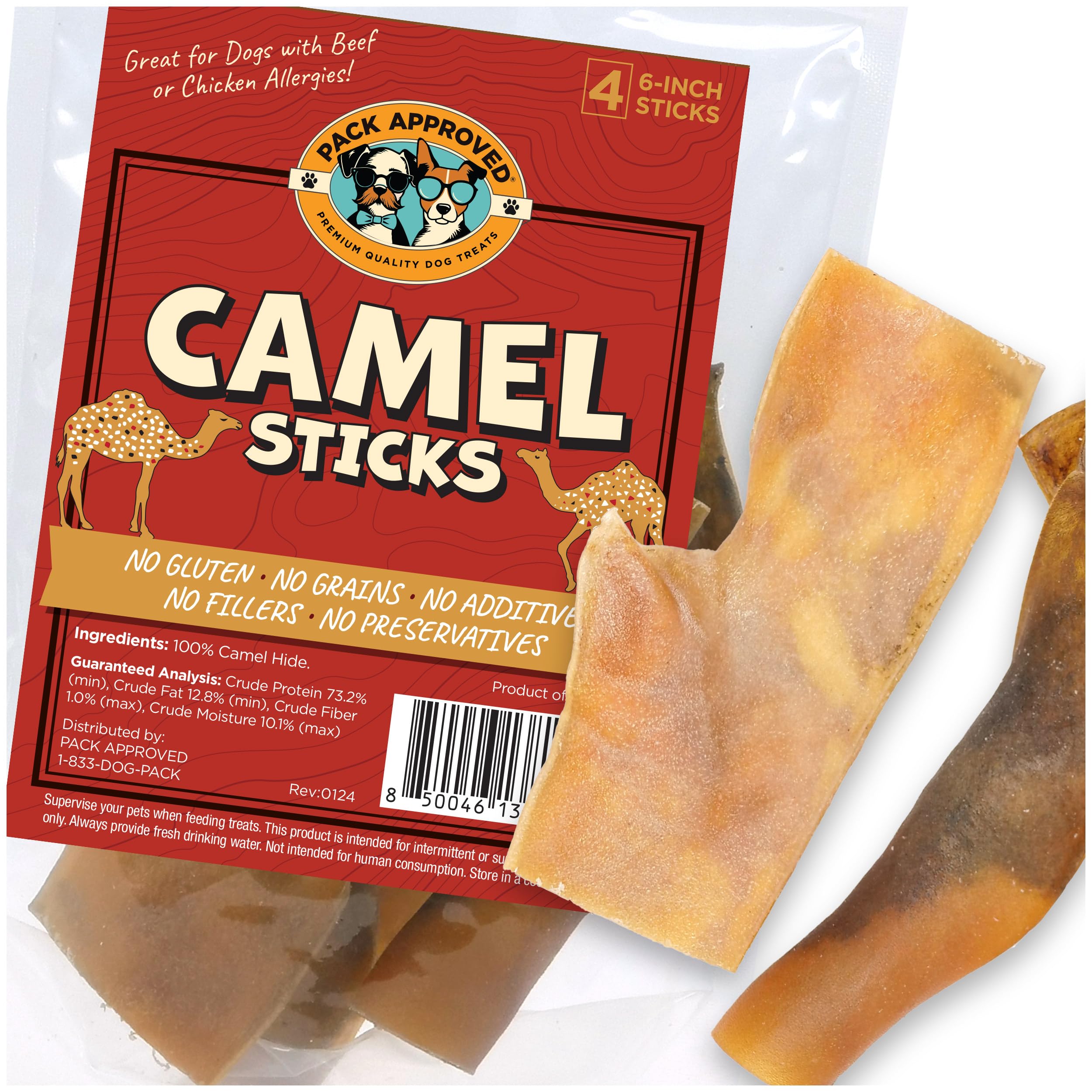 Pack Approved camel skin chew stick close-up highlights durable chew ideal for aggressive chewers.