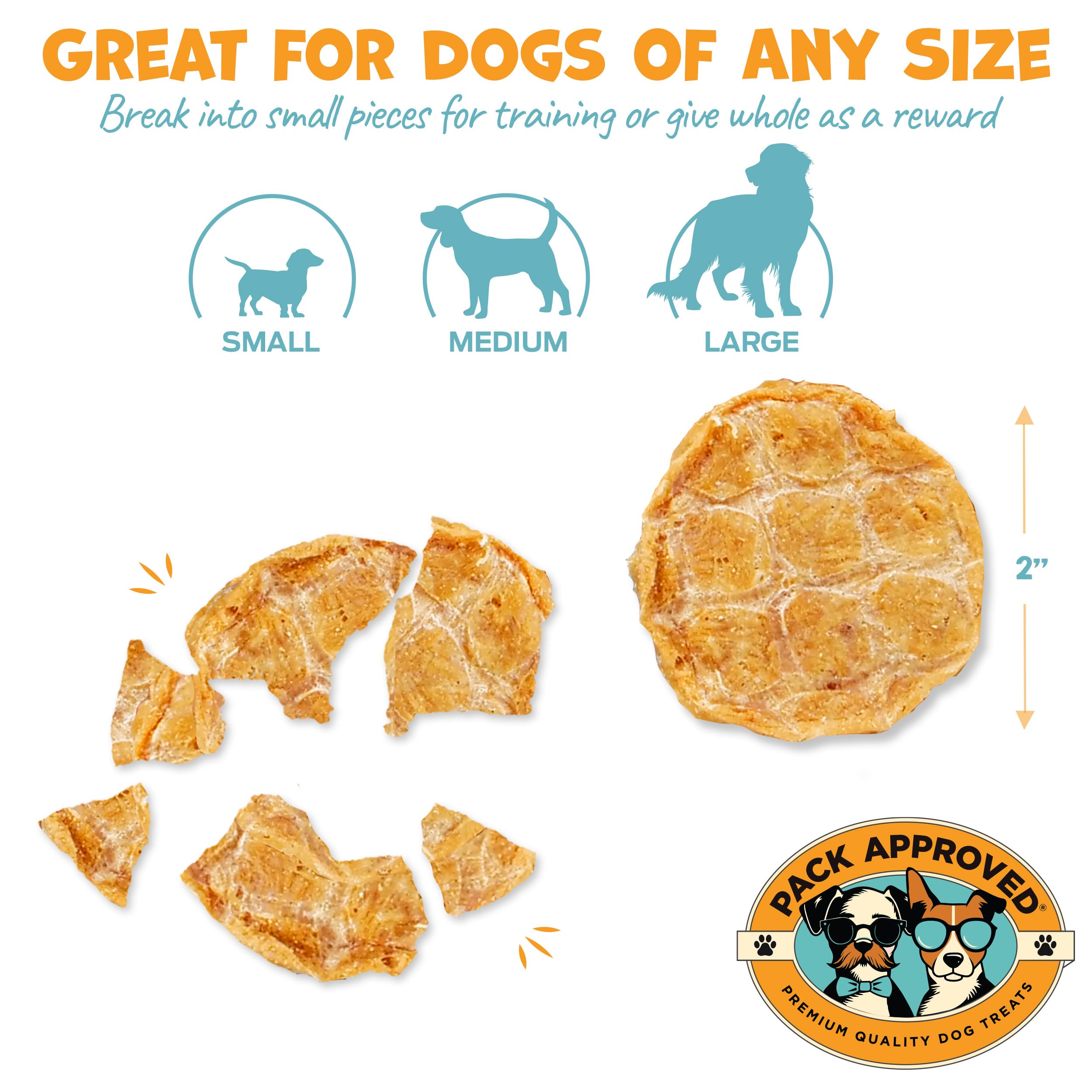 Pack Approved Chicken Chips ingredients closeup underscores 100% natural chicken breast with no additives