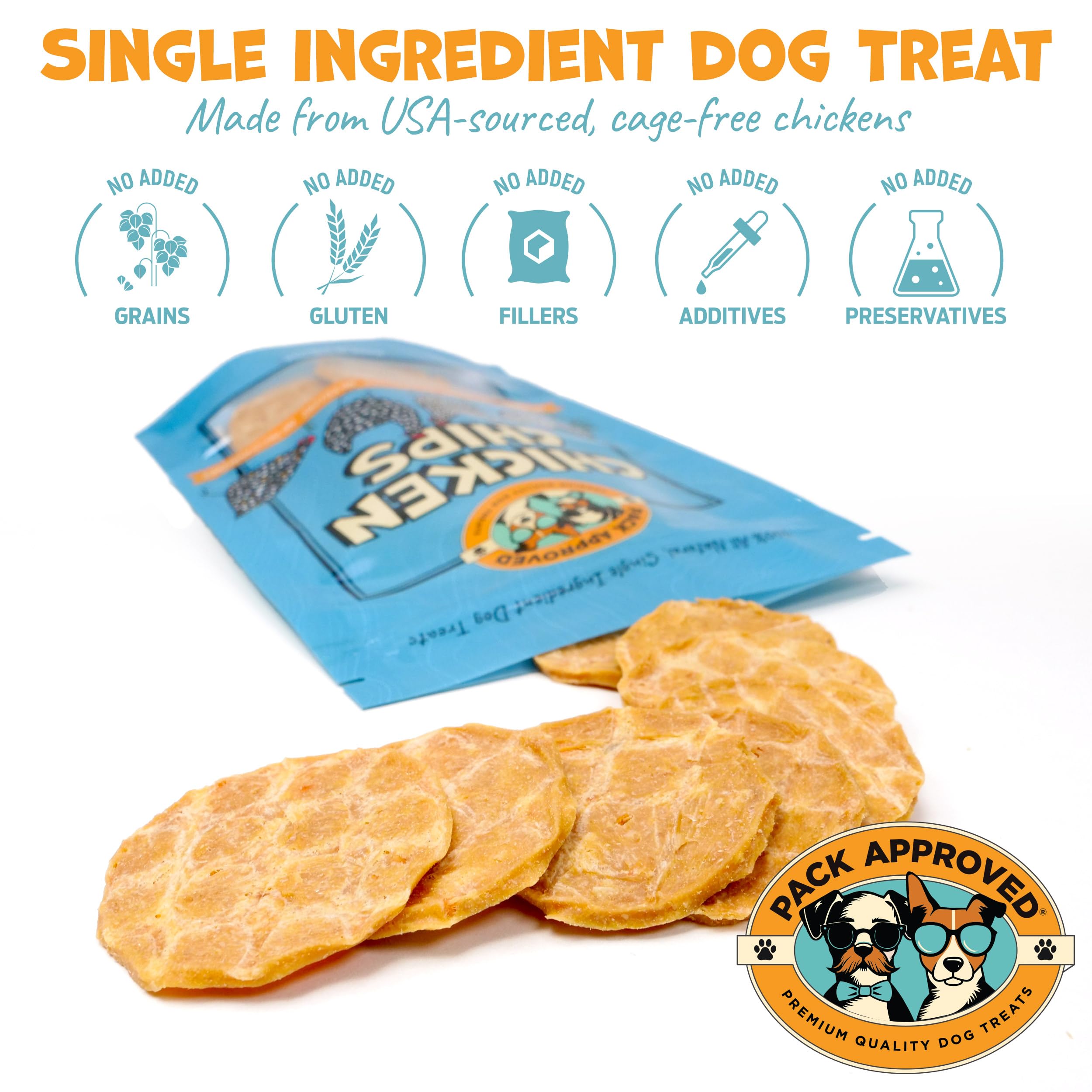 Pack Approved Chicken Chips single-ingredient treat supports simple nutrition for sensitive stomachs.