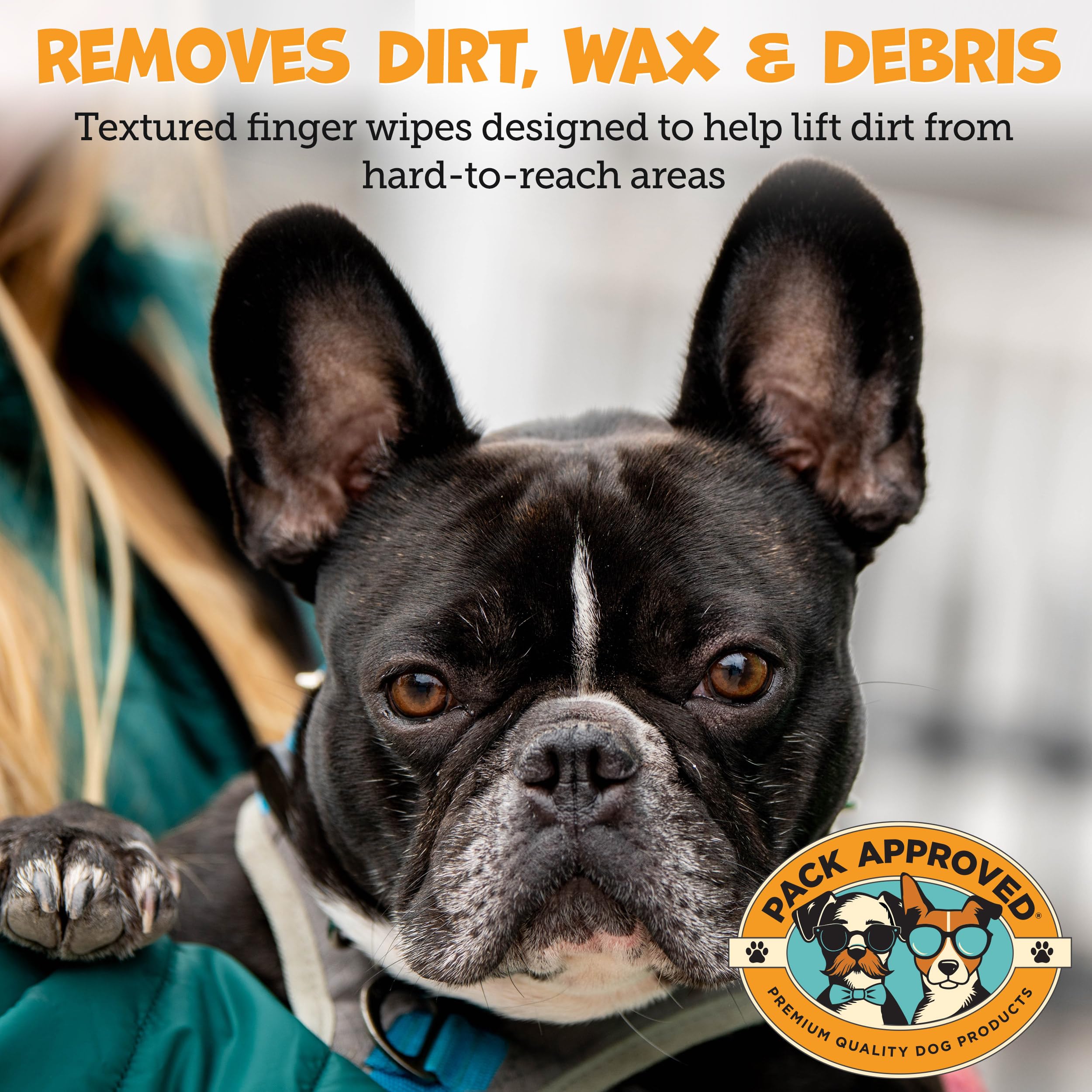 Pack Approved dog ear wipes wax removal close-up shows debris lifting.