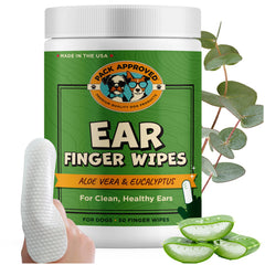 Pack Approved finger ear wipes packaging shows easy grab-and-go ear care for dogs.