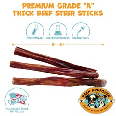 Pack Approved no-hide bully stick close-up highlights safe, single-ingredient chew.