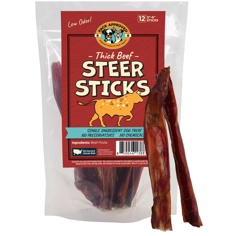 Pack Approved thick steer bully stick 5-6 inch close-up may support dental health.