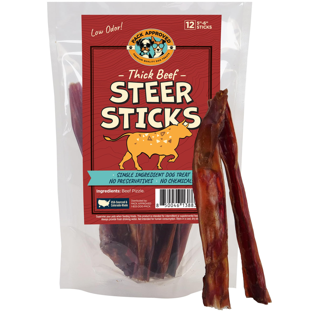 Pack Approved thick steer bully stick 5-6 inch close-up may support dental health.