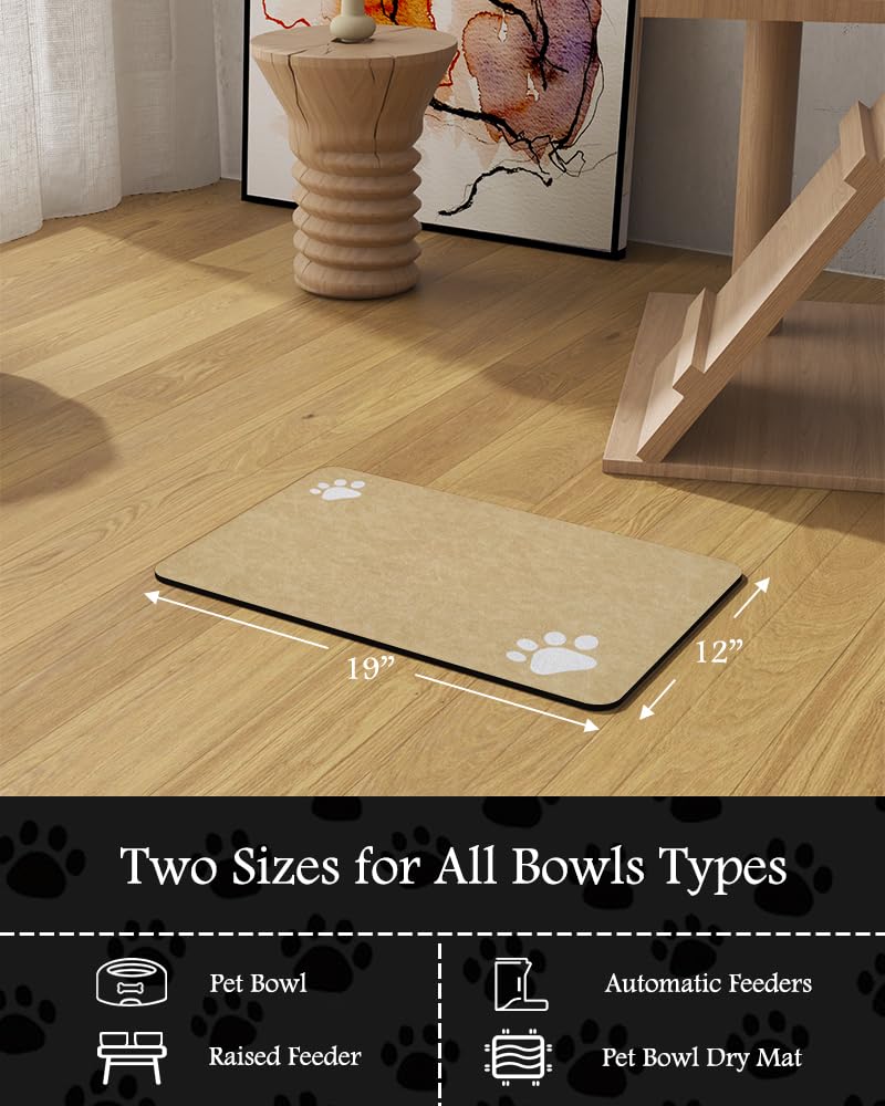 PADOOR pet feeding mat beige 12x19 with bowls and accessories