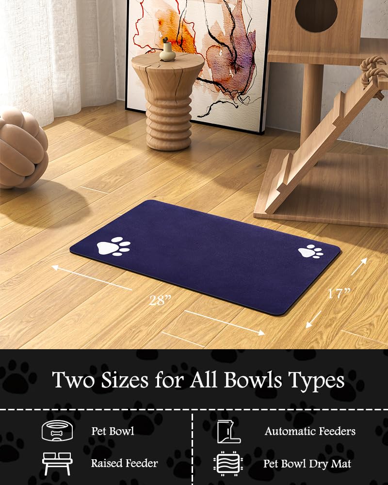 PADOOR pet feeding mat navy 17x28 durable material resists tearing with daily use.