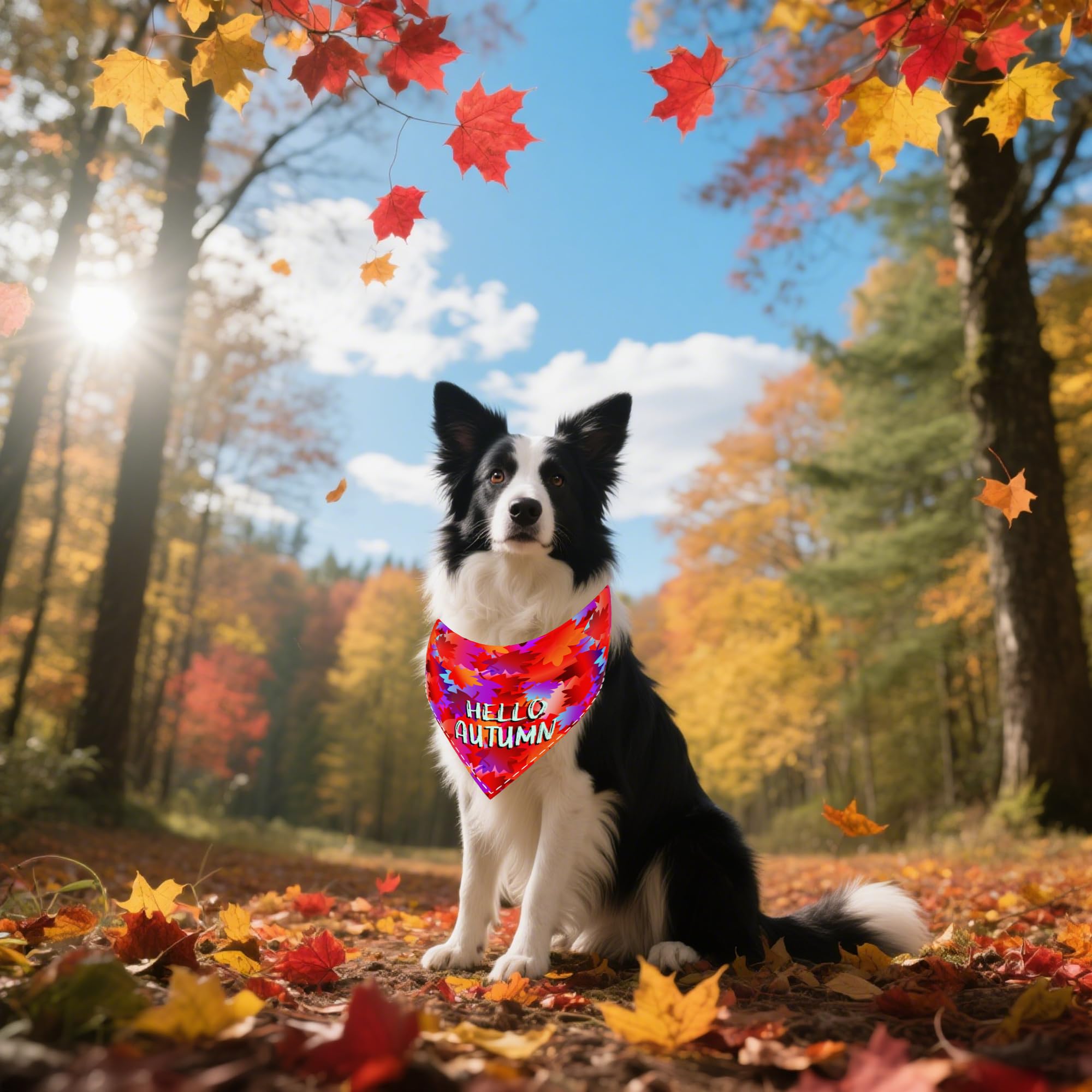 Pai Sence autumn pattern bandana highlights leaves and gnomes for photos.