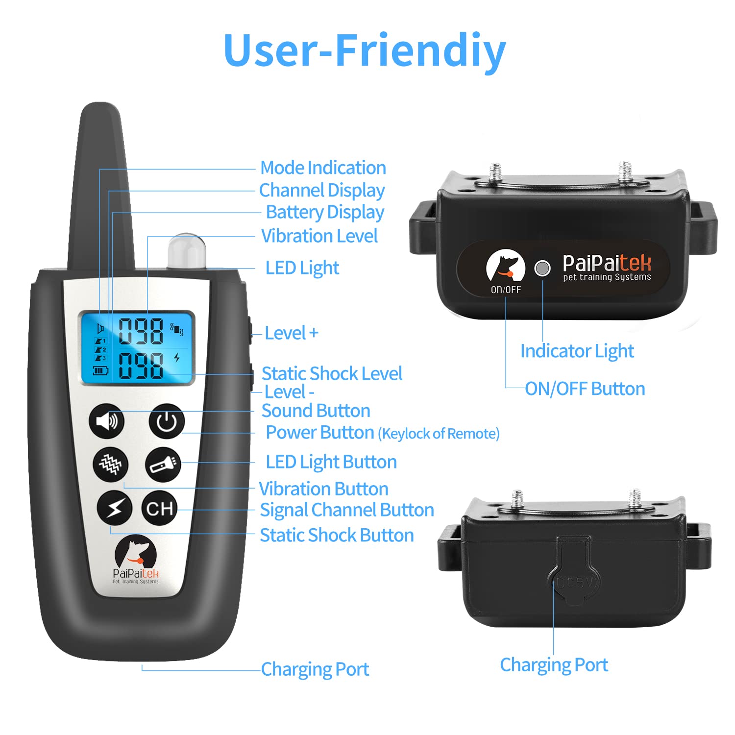 PaiPaitek remote-flashlight: built-in flashlight aids night walks and recall training.
