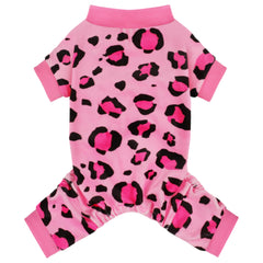 Paiaite Dog Pajamas Onesie pink leopard front view for cozy nightly wear.