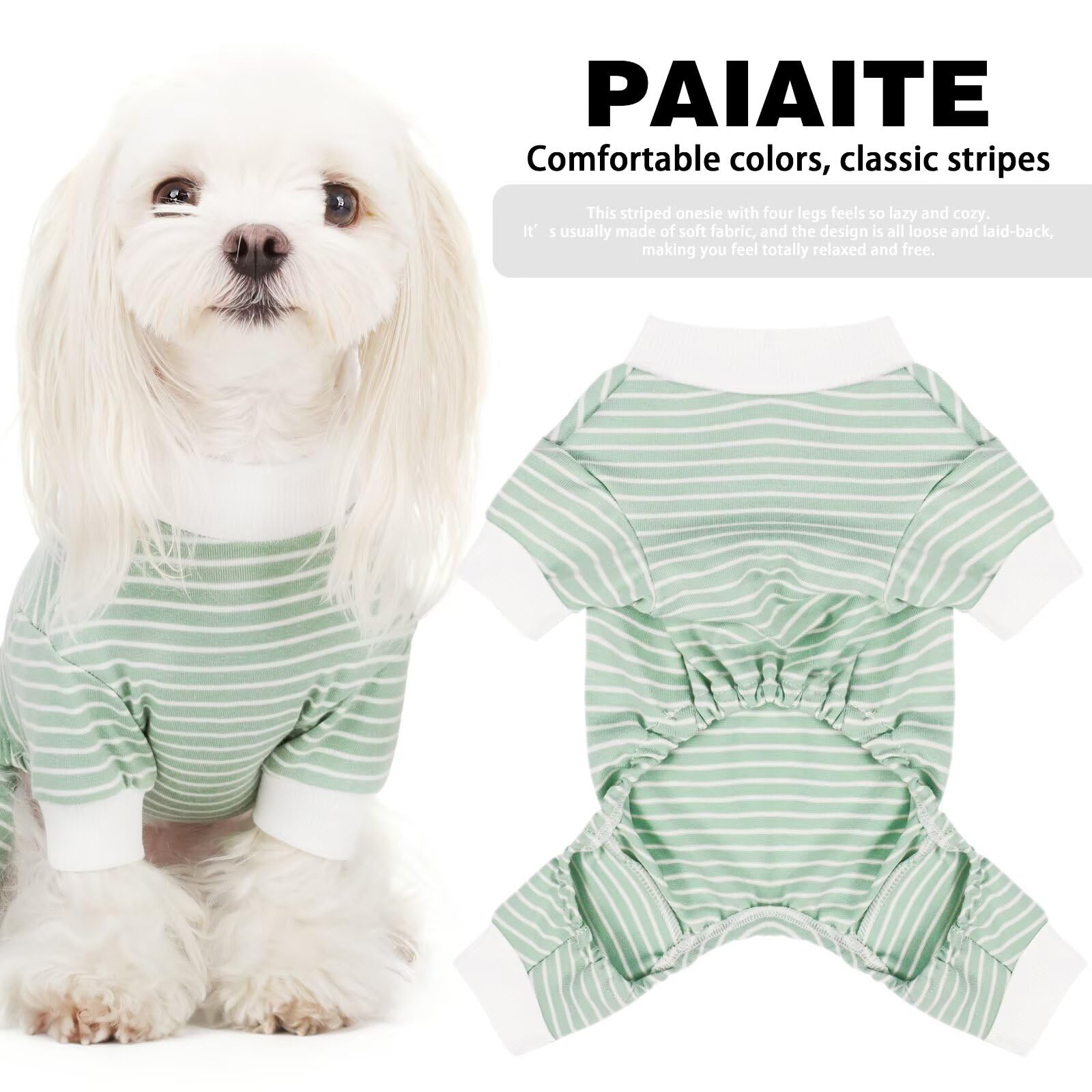 Paiaite green striped dog pajamas back view highlights snug fit and warmth