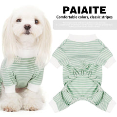Paiaite green striped dog pajamas back view highlights snug fit and warmth
