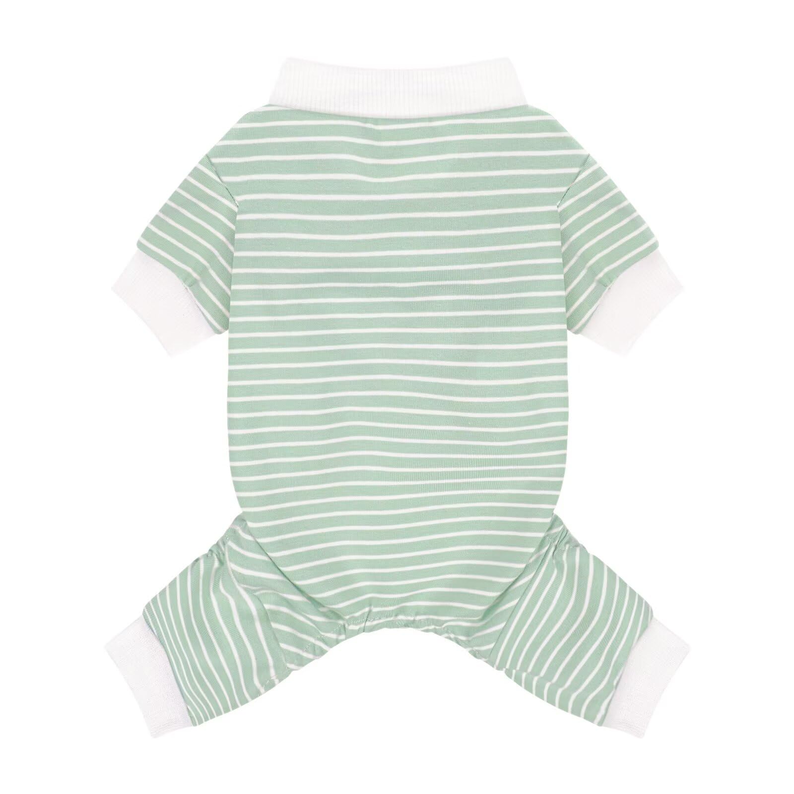 Paiaite green striped dog pajamas front view shows soft cotton stretch for comfort