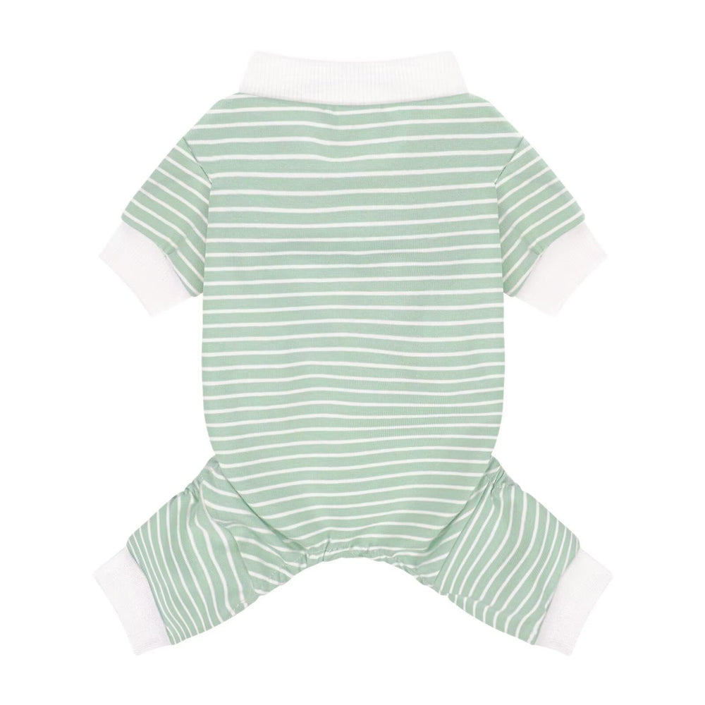 Paiaite green striped dog pajamas front view shows soft cotton stretch for comfort