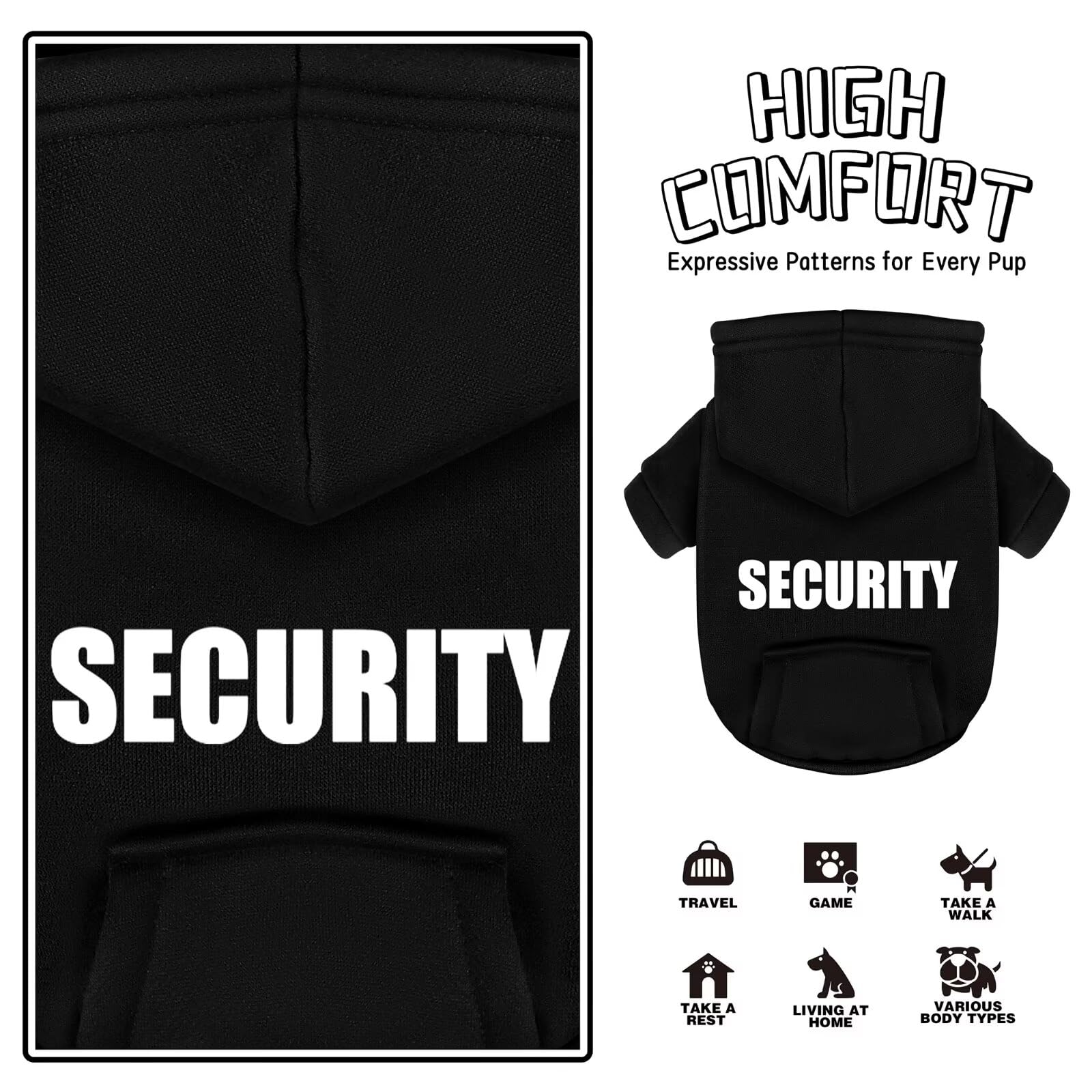 Paiaite security-printed hoodie leash-hole closeup reveals convenient walk-through design.
