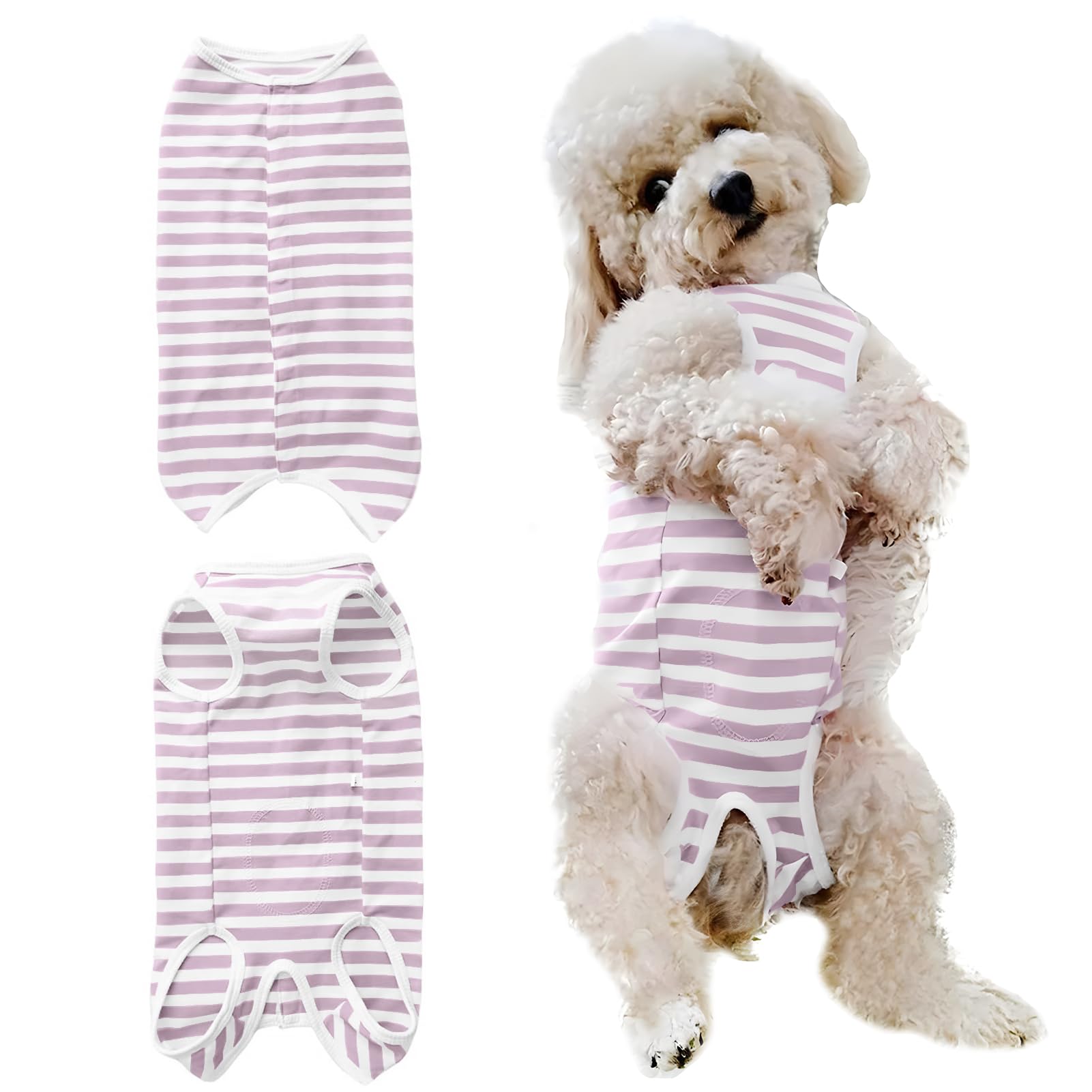 Paipeper dog recovery suit back view in purple stripe showing wound protection