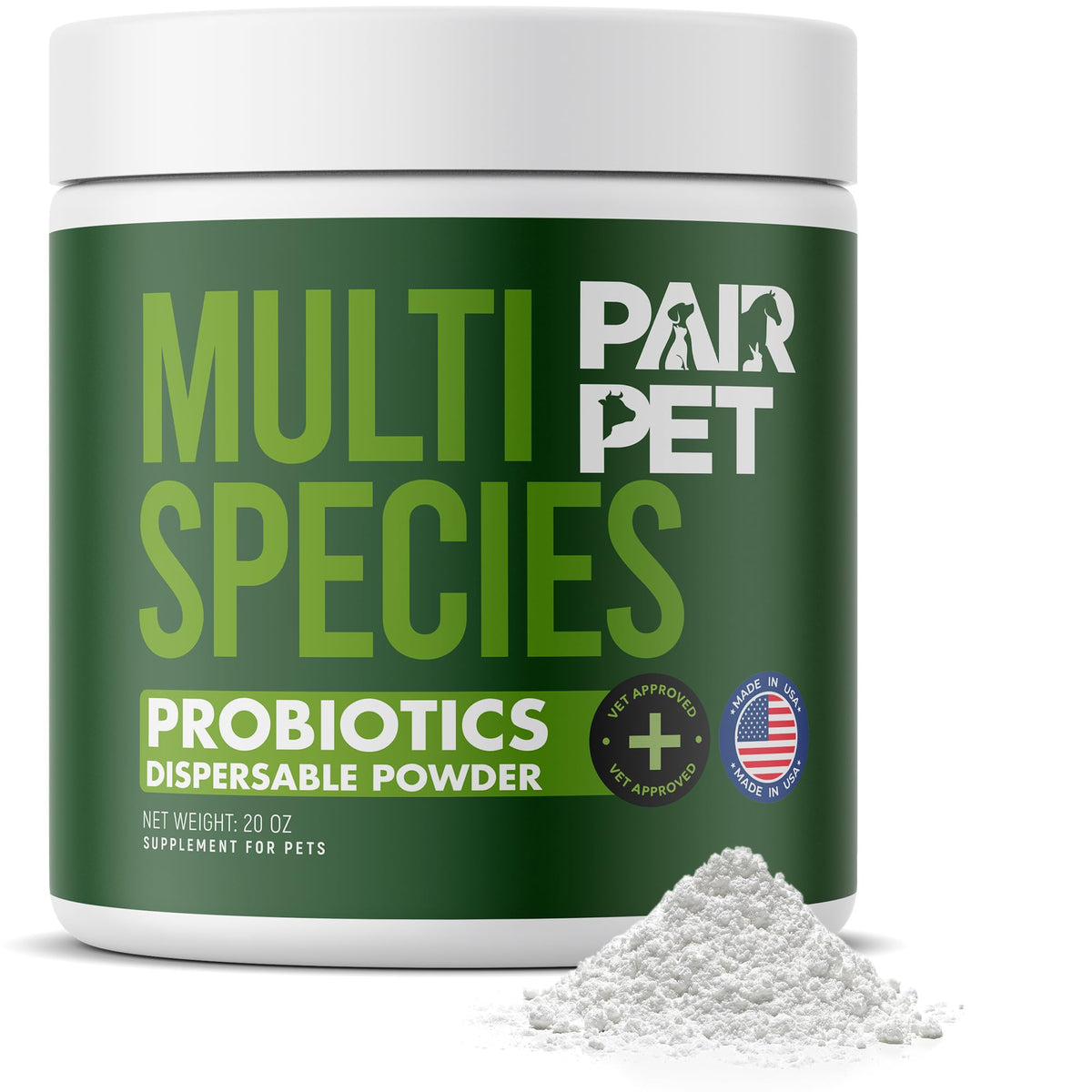 Pair Pet probiotics dispersible powder bottle supports easy daily digestive health for all species.