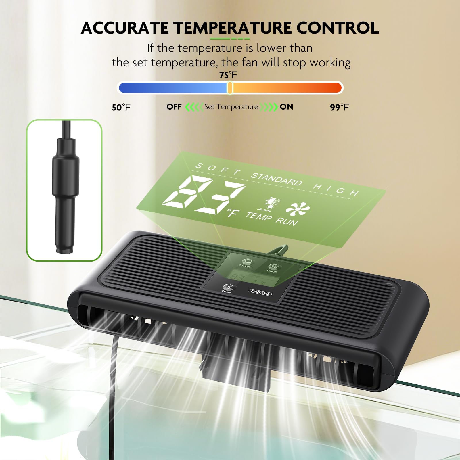 PAIZOO dual-fan design concentrates airflow for rapid cooling in aquariums