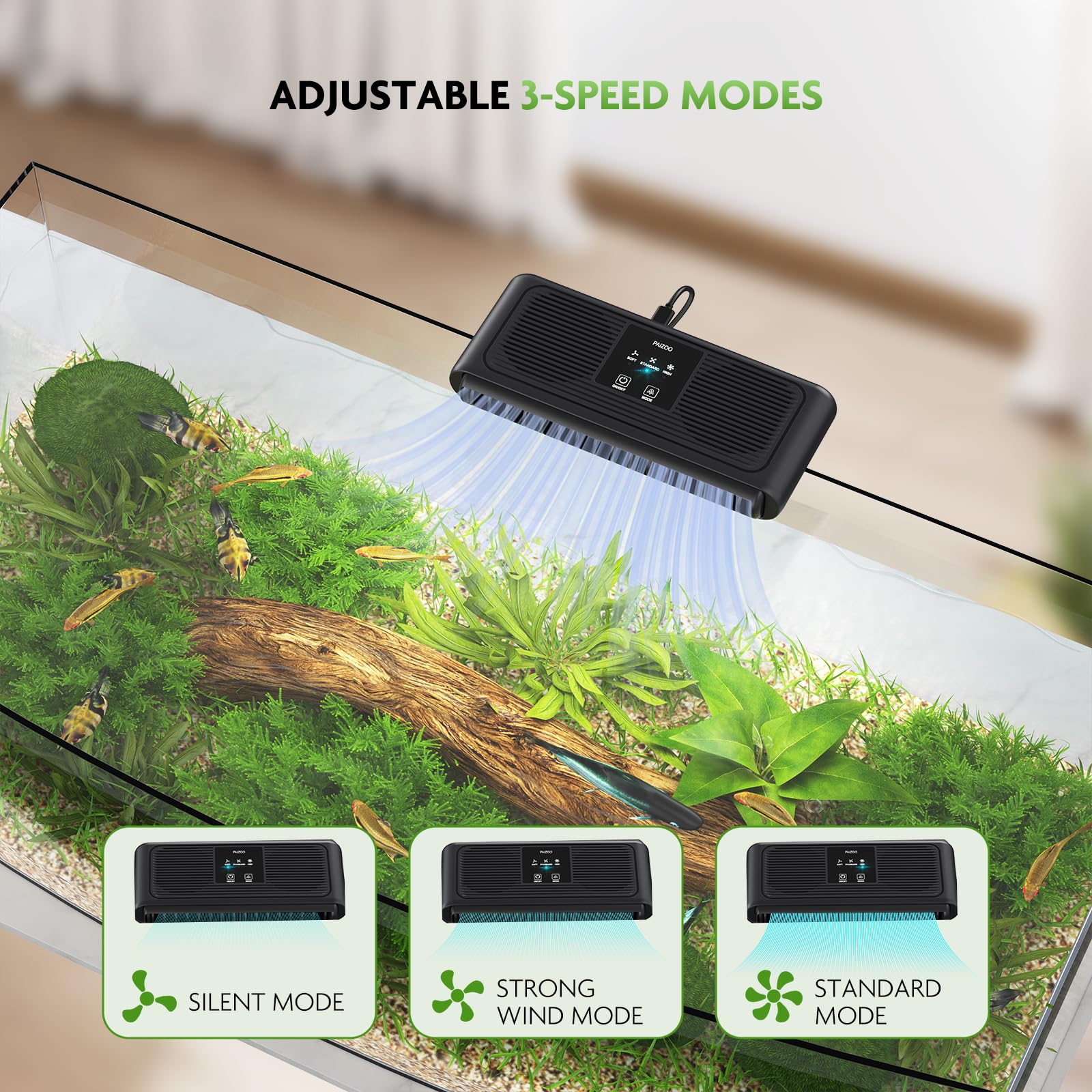 PAIZOO aquarium chiller fan clipped to glass wall for tool-free installation