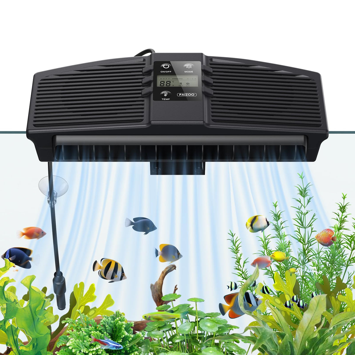 PAIZOO aquarium chiller fan front view showing stable water temperature capability