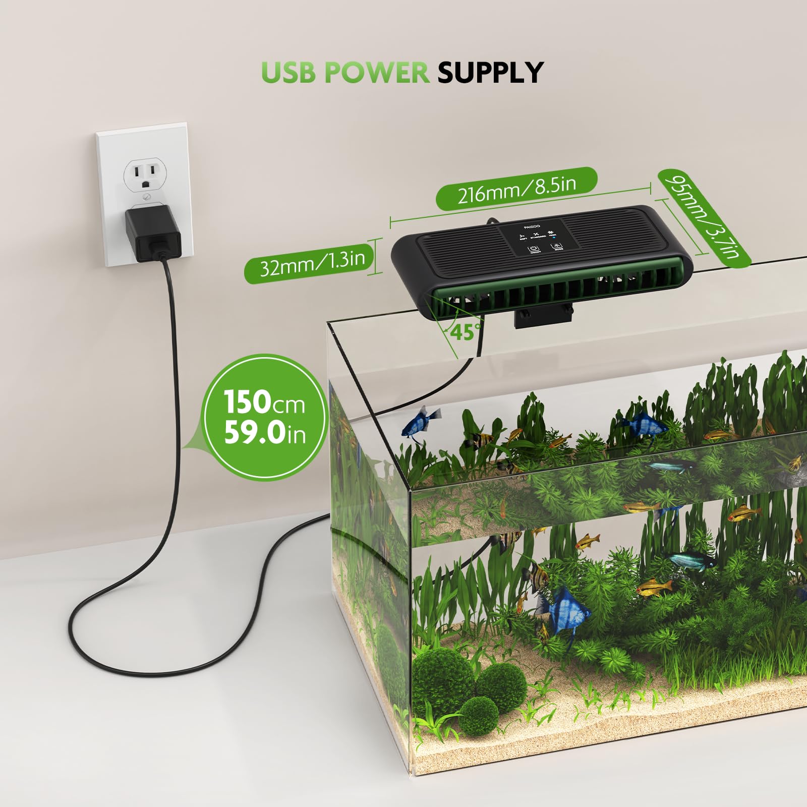 PAIZOO aquarium chiller fan package contents with USB charger and clip