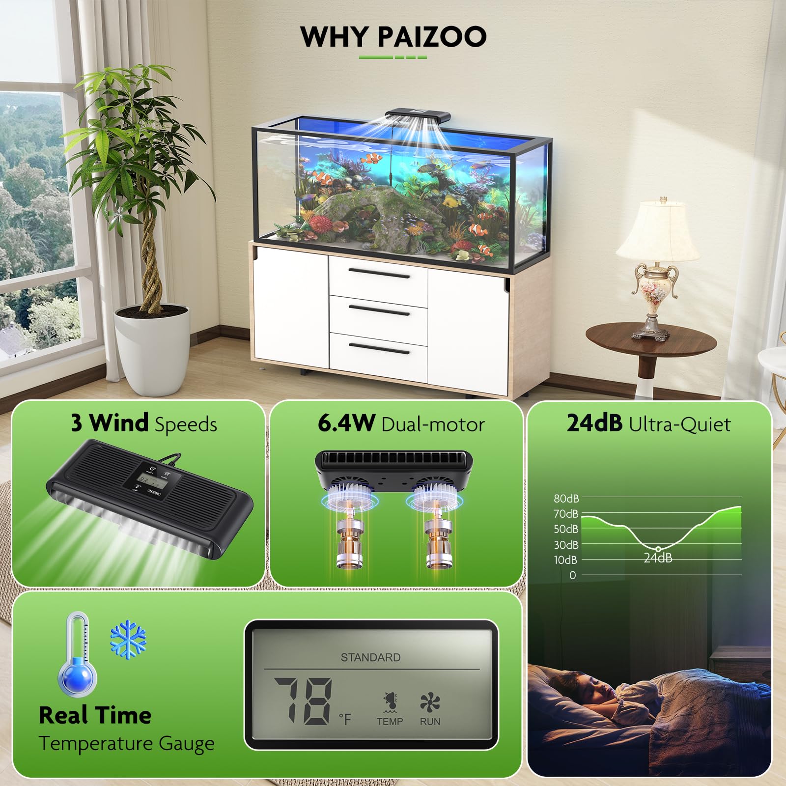 PAIZOO chiller fan packaging includes probe and USB cable for quick setup