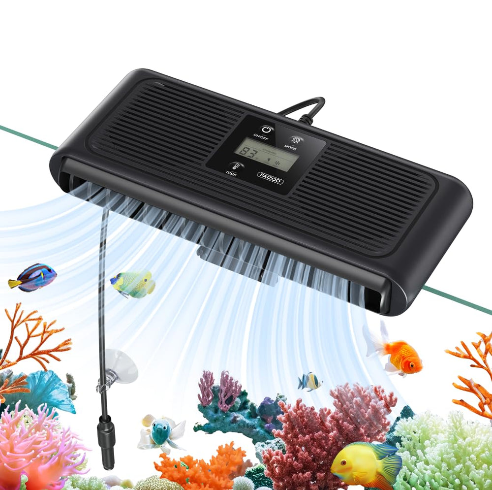 PAIZOO aquarium chiller fan real-time probe in action shows precise tank temperature for delicate fish and corals