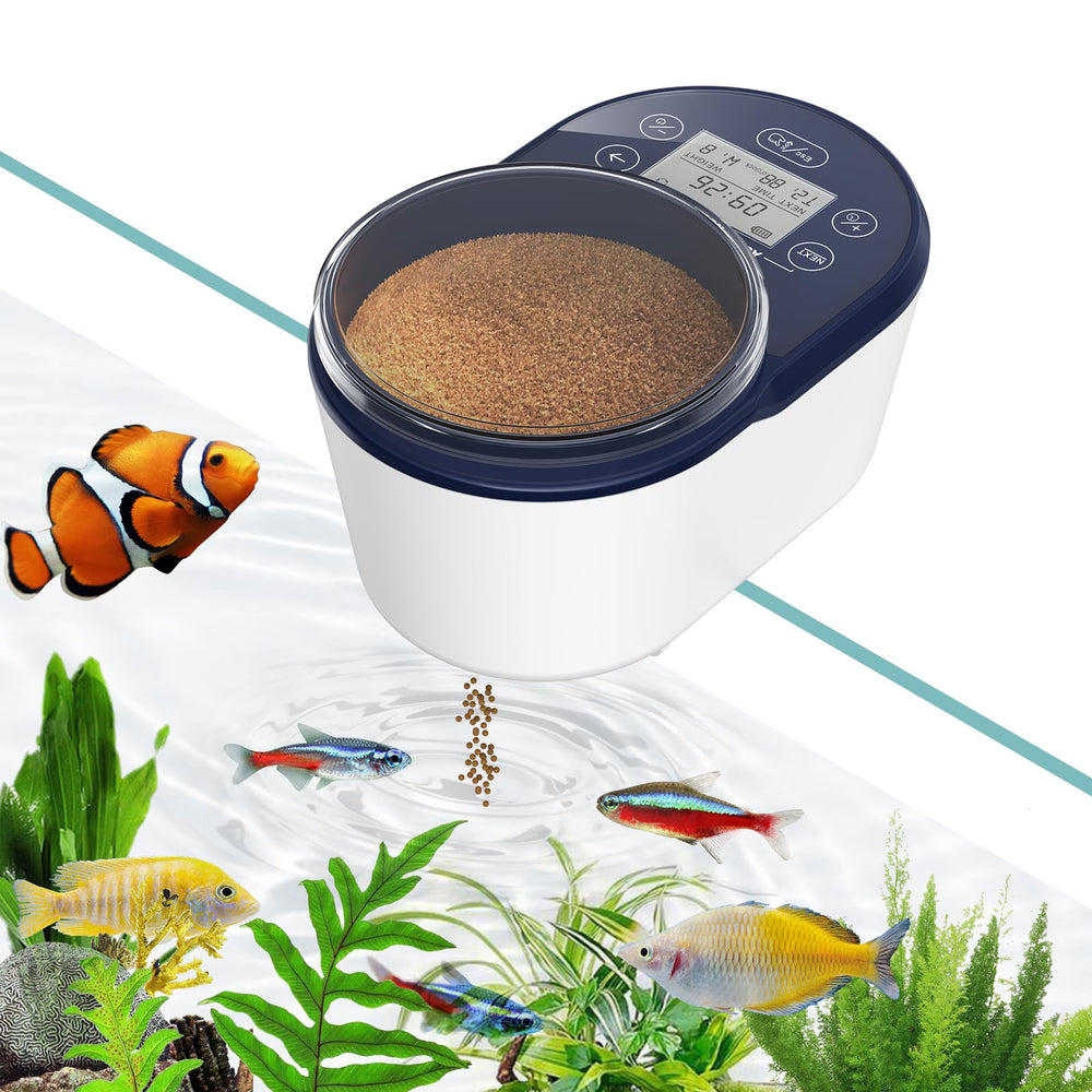 PAIZOO Automatic Fish Feeder LCD Display showcases precise, customizable feeding for small fish.