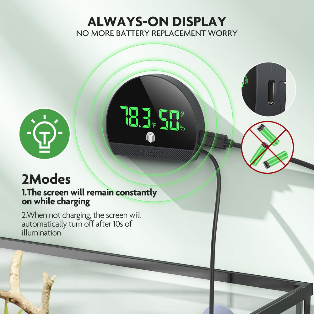 PAIZOO rechargeable digital hygrometer highlights long battery life, reducing replacements.